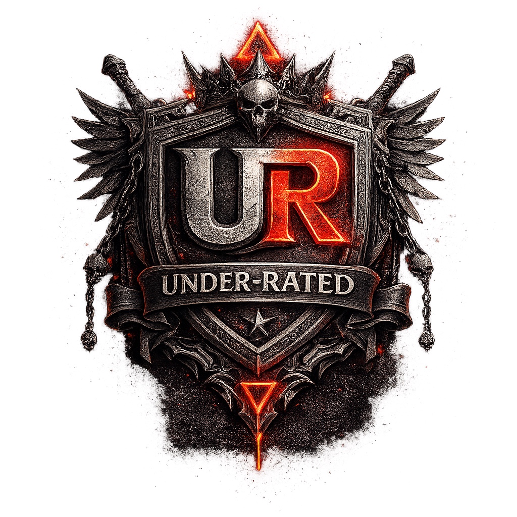UNDER-RATED UR shield crest artwork with wings, sword, and skull