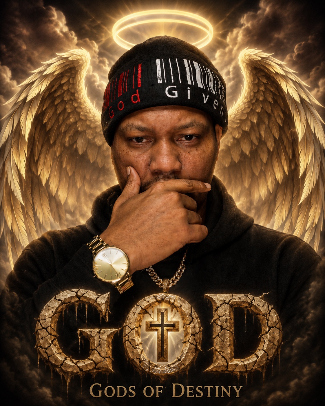 GOD — Gods of Destiny portrait of Mr. Underrated with golden wings, halo, and cracked GOD lettering