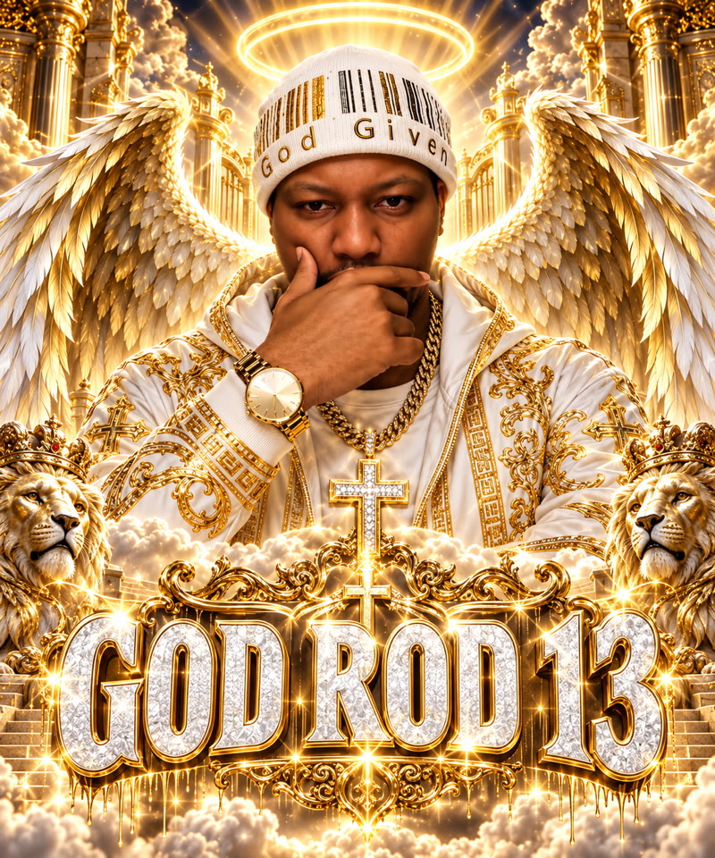 GOD ROD 13 white-and-gold portrait with halo, golden wings, lions, and diamond lettering